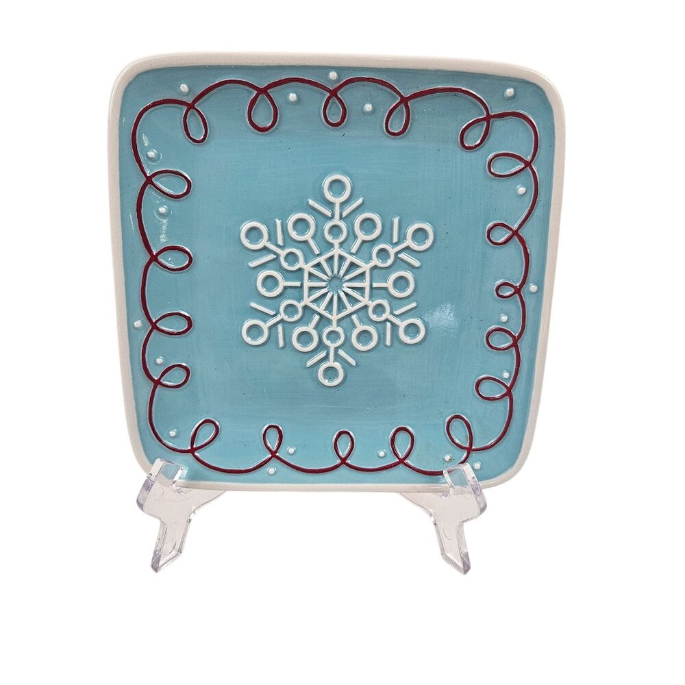 Hallmark Snowflake Ceramic Plate Blue White Red Accents Holiday Display Square